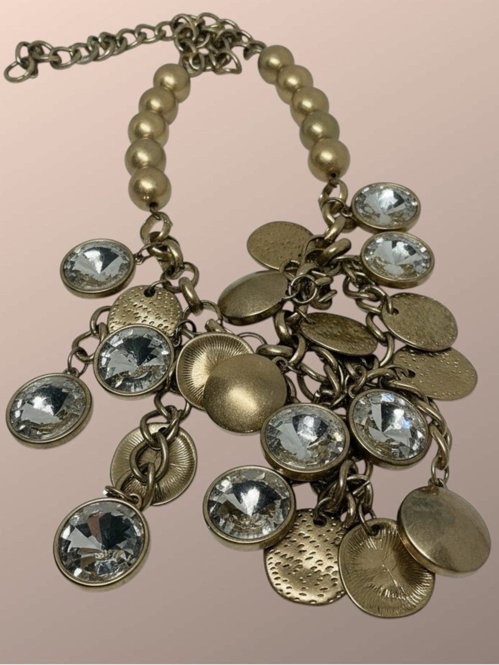 Vintage Chunky Glass Rivoli & Gold Tone Disk Dangle Statement Necklace